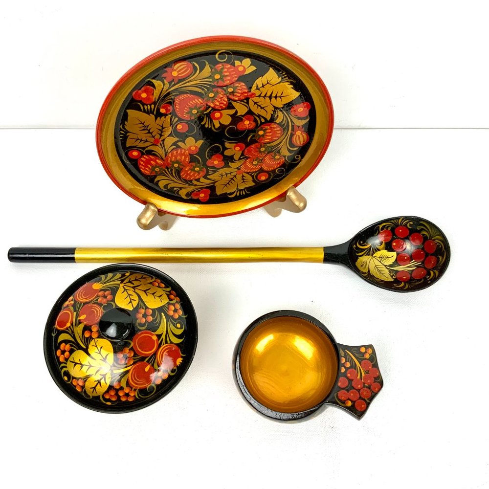 Vintage Russian Lacquerware Khokhloma Set Of 5 Wooden Items - Picture 3 of 16